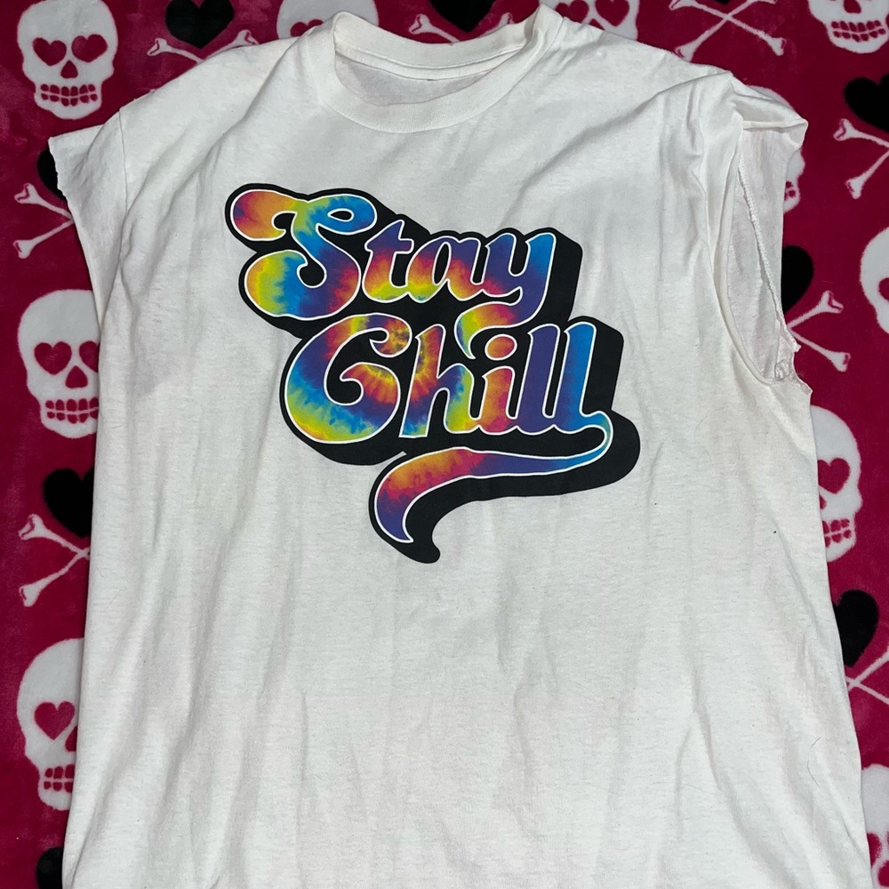 -white muscle tee with multi colored “STAY CHILL” design🌈 colorful tee tie-dye